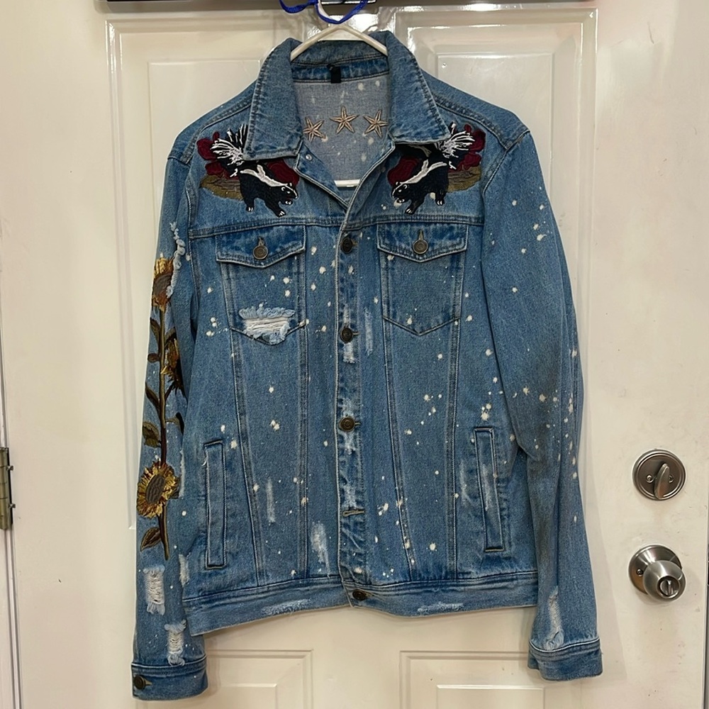 Embroidered Distressed Denim jacket